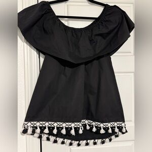 Black Off or On shoulder Top with Pom Pom Trim. Size medium